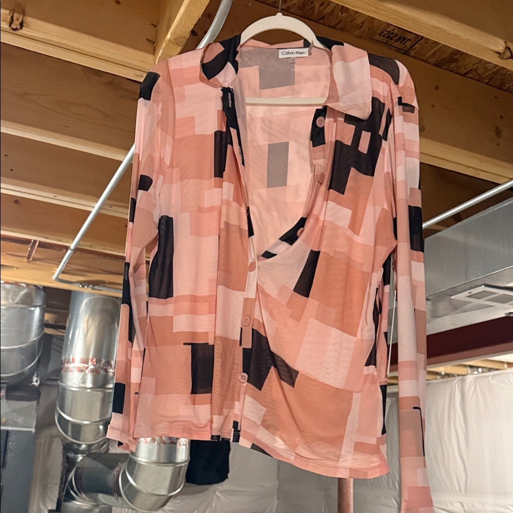 Calvin Klein Women's Pink and Black Button Down Shirt